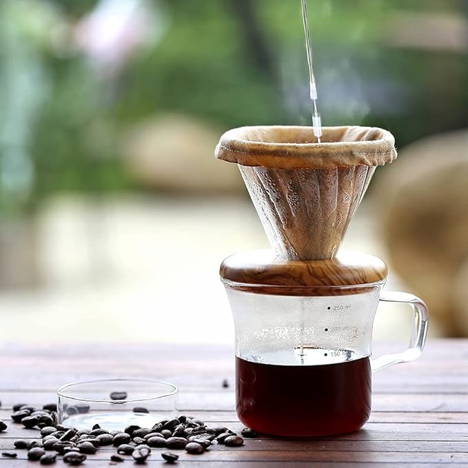 ATHIA Glass Pour Over Coffee Dripper Set, Glass Cone Dripper, Reusable Cloth Filter, Leather Cup Sleeve, Minimal Single Cup SET, for outdoor, office or at home (Walnut Wood)