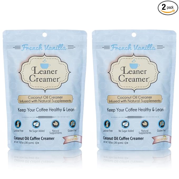 Leaner Creamer Coconut Creamer with Superfood Ingredients – Non-Dairy, Sugar-Free Powdered Coffee Creamer – French Vanilla – 2-Pack Bundle – 280g Each