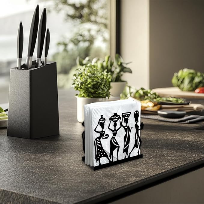 African Female Decorative Black Metal Napkin Holder for Table, 5.3" x 4.9" x 1.9" African Women Standing Napkin Holder for Home Kitchen Restaurant Picnic Party Coffee Bar Dining Room