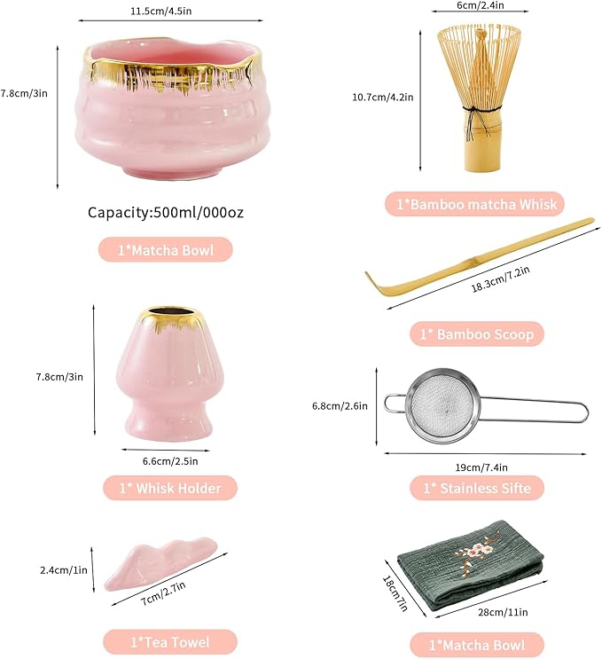 7-Piece Matcha Set: Matcha Bowl + Bamboo Whisk Kit, Ceremonial Matcha Whisk Tools with Golden Texture Details, Japanese Tea Ceremony Starter Kit, Unique Matcha Gift (pink)