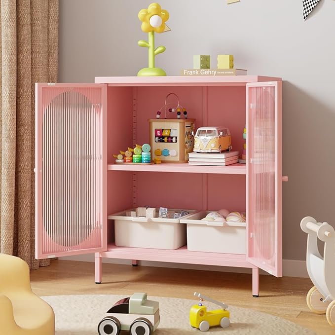 Small 2 Transparent Door Metal Storage Side Buffet Cabinet for Bed Room,Living Room,Entryway,Hallway,Home,Hotel,Office,Garage,Kitchen,1 Removable Shelf. (Transparent Door, Pink)