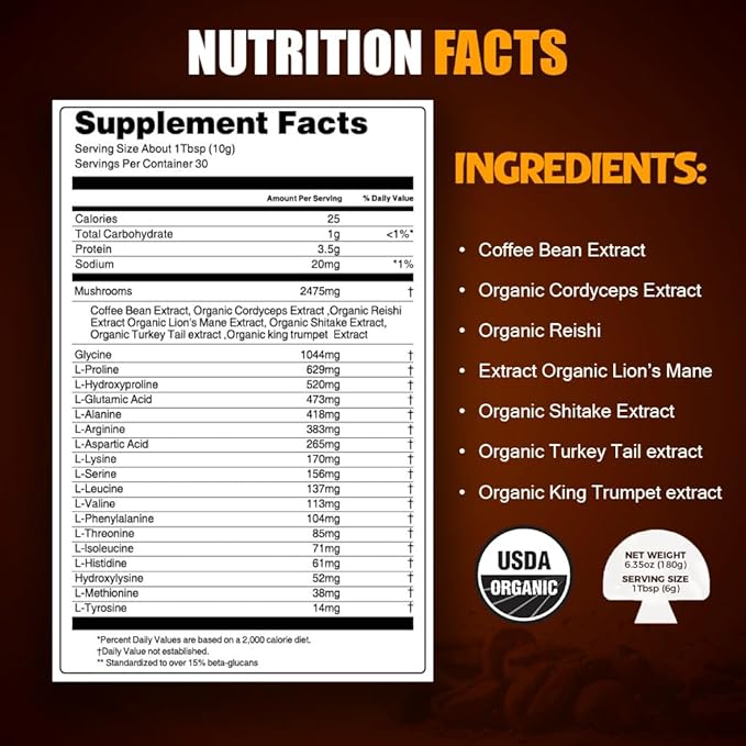 Luxuriaz Organic Mushroom Coffee Instant Powder, Lion's Mane for Focus & Brain Health, 6 Adaptogens (Cordyceps, Reishi, Turkey Tail), Coffee Alternative, Keto, Vegan, 30 Servings