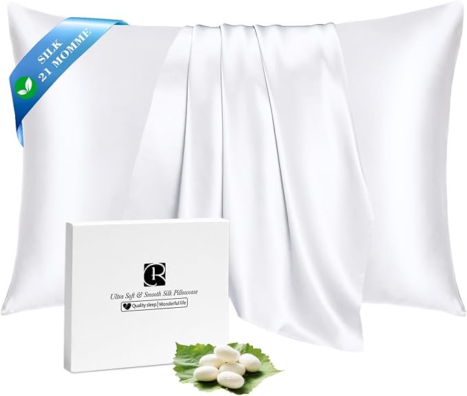 Ravmix Silk Pillowcase for Hair and Skin with Hidden Zipper, Both Sides 21Momme Mulberry Silk Pillow Case (Pure White, King Size(20 * 36inches))