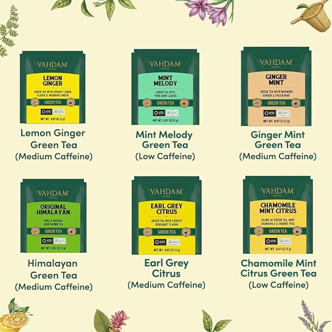 VAHDAM, Green Tea Variety Pack Sampler Assortment (36 Pyramid Tea Bags, 6 Flavor) | Non-GMO Project Verified Himalayan Green Tea with No Artificial Ingredients | Christmas Tea Gift Set