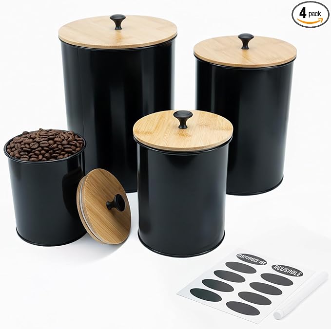 Modern Kitchen Canister Set, Black Metal with Bamboo Lids, Airtight Food Storage Containers, Set of 4, Chalkboard Labels