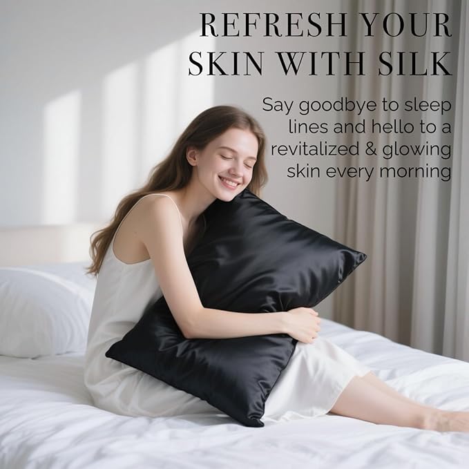 Ravmix Silk Pillow Cases 2 Pack with Zipper, 21momme Mulberry Silk Pillowcase for Hair Skin, Soft Smooth Breathable Cool Pillow Cover for Beauty Sleep with Gift Box(Standard 20"x26", Black)