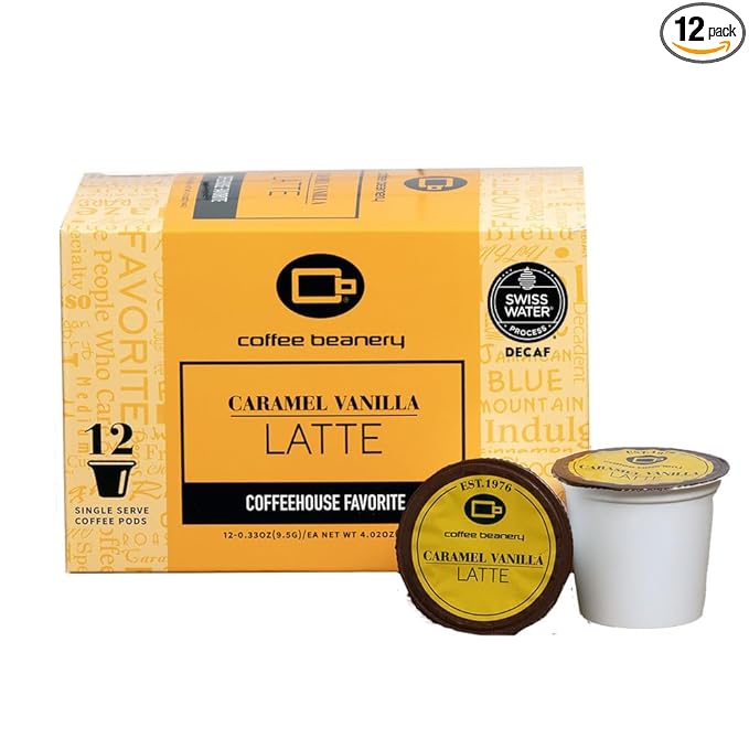 Caramel Vanilla Latte Decaf Coffee Pods by Coffee Beanery | 12ct Medium Roast Arbica Coffee