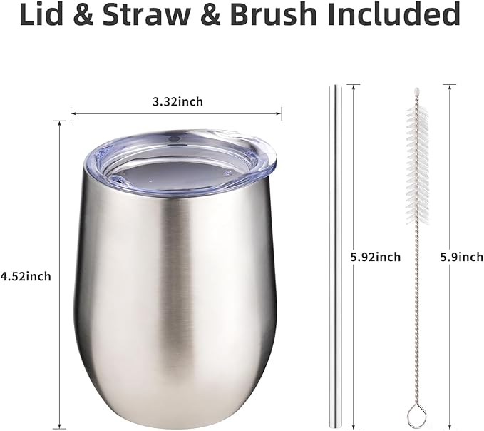 12 oz Insulated Wine Tumbler with Lid and Straw,Stainless Steel Stemless Wine Tumbler Glasses Double Wall Vacuum Wine Cups Tumbler for Coffee,Champaign,Cocktail,Office（Silver,1）