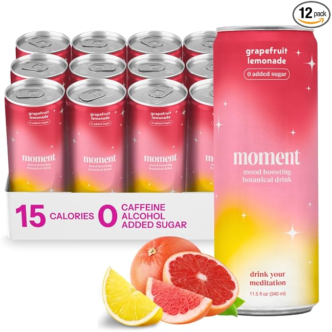 Moment Botanical Soda Soft Drink (Shark Tank) - SPARKLING Non Alcoholic Drinks | Grapefruit Lemonade | L-Theanine & Ashwagandha for Calm & Clarity | 0 Added Sugar 0 Caffeine | 12-pack
