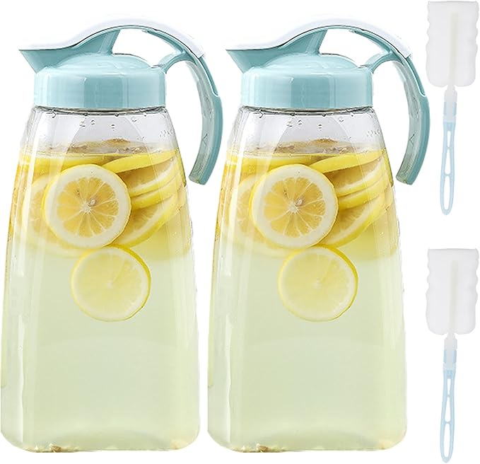 Frcctre 2 Pack Plastic Water Pitcher with Lid, 74 Oz Clear Airtight Beverage Pitcher Juice Container Water Carafe Fridge Jug for Juice, Coffee, Iced Tea, Lemonade, Heat Resistant & Shatter-proof