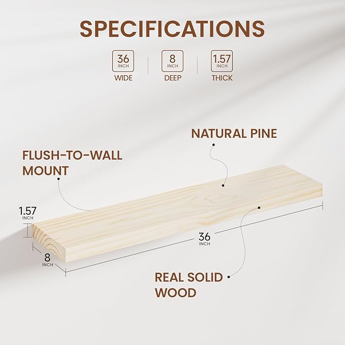 Heimlove 36 inch Floating Shelves for Wall,2 Packs Natural Pine Solid Wood Floating Shelves, 8 inches Deep Wooden Shelves for Kitchen Bedroom Office & Living Room Display Wall Decor