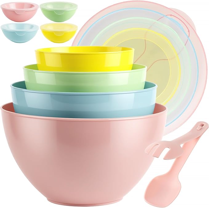 8 Piece Plastic Mixing Bowls with Lids Set - Microwave Safe Kitchen Plastic Bowls for Preparing, Serving and Storing - Dishwasher Safe Large Nesting Mxing Bowl Set Bowls with Mixing Spoon and Fork