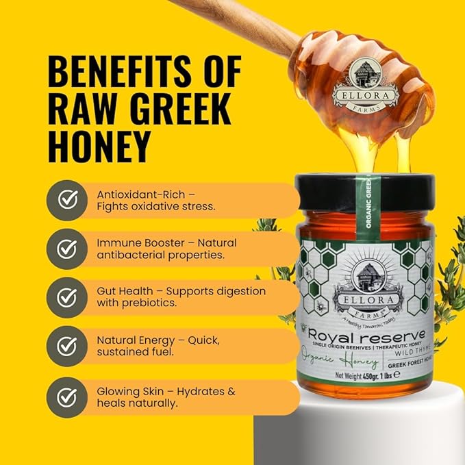 Ellora Farms Organic Greek Honey, Wild Thyme, Raw Unfiltered, Preservative and Additive Free, 2025 Paris and Dubai Gold Awards Winner, Gift Pack with Dipper - 450g (16oz)