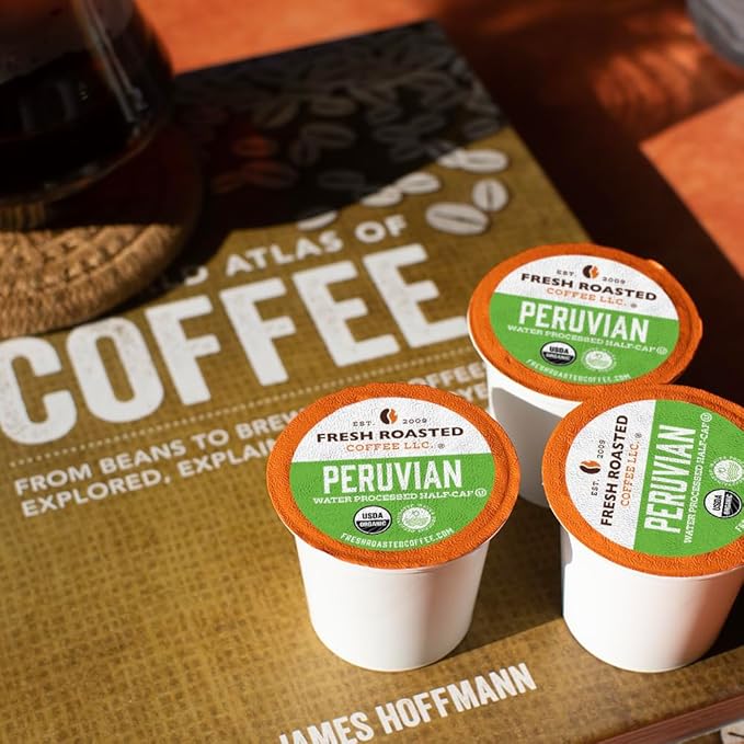 Fresh Roasted Coffee, USDA Organic Peru Water-Processed Half-Caf | 3rd Party Tested for Pesticides, Mold, Mycotoxins, Kosher | 100% Arabica, Specialty Grade, Med Roast 72 Pods for K Cup Brewers