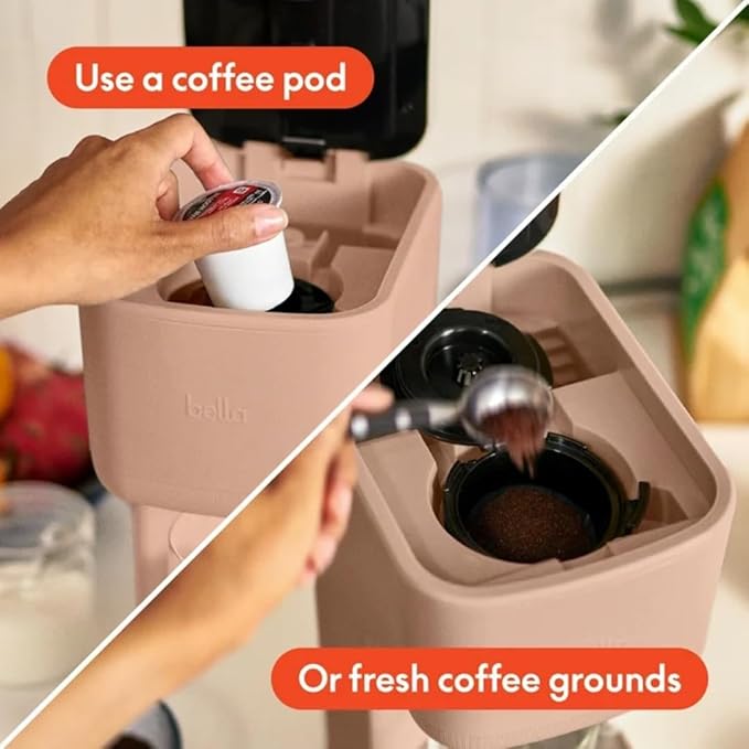 Single-Serve Bella Coffee Maker – Compact 6oz–14oz Brewer for Ground Coffee or Pods, One-Touch Operation, Adjustable Drip Tray, 35oz Water Tank, Travel Mug Friendly, Dishwasher-Safe Parts