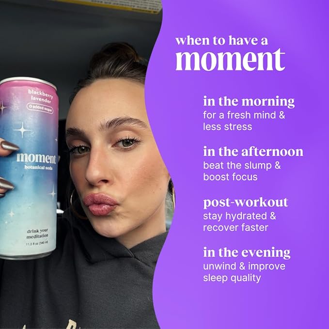 Moment Botanical Soda Soft Drink (Shark Tank) - SPARKLING Drinks | Fruity Fun | L-Theanine & Ashwagandha for Calm & Clarity | 0 Added Sugar 0 Caffeine | 24-pack