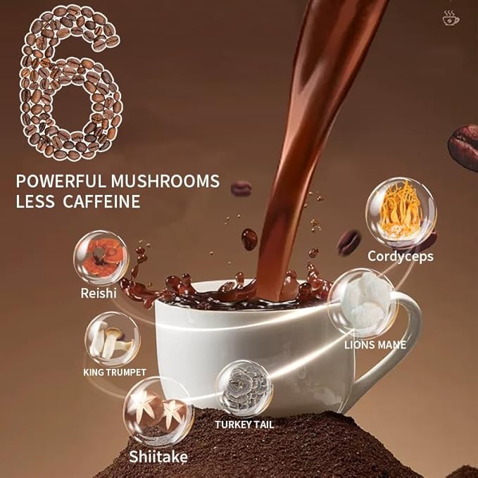 Mushroom Coffee, Instant Mushroom Coffee with Cordyceps, Reish, King Trumpet, Shitake, Turkey Tail, Lions Mane for Energy, Focus, Positive Mood & Immune Support (30 Servings)