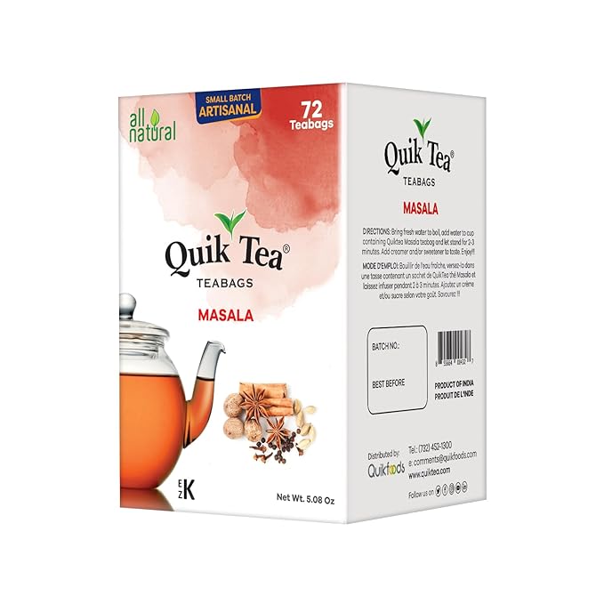 QuikTea Masala Chai Tea Bags - 72 Count - All Natural, Preservative Free - Non-GMO - Easy To Brew Masala Chai Tea Bags