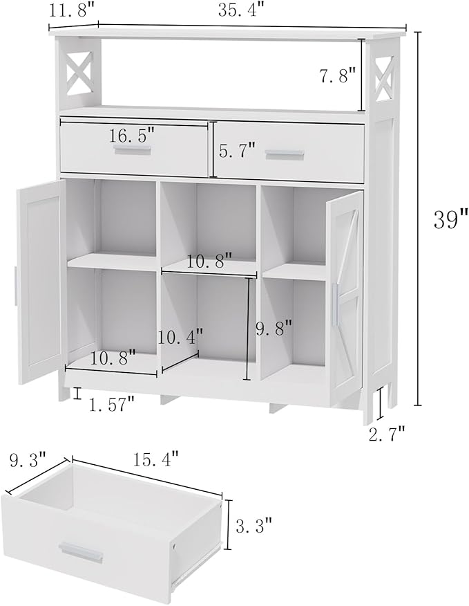 Storage Cabinet Coffee Bar Cabinet with 2 Adjustable Shelves 2 Drawers and 2 Doors for Bathroom/Kitchen/Living Room (White)
