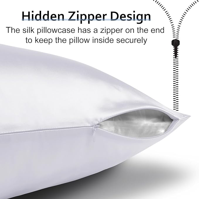 Silk Pillow Cases 2 Pack, Ravmix Both Sides Mulberry Silk Pillowcases Set of 2 Cooling Pillow Cases for Hair and Skin Queen Size with Hidden Zipper, 20 * 30inches, Pure White