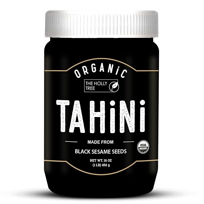 Organic Black Tahini Paste 16 oz (1lb) - Black Sesame Paste - USDA Certified, Kosher, Gluten Free Tahini Sauce - Creamy Tahini Organic with Hulled Sesame Seeds for Dressigns, Dips, Spreads & Hummus - The Holly Tree