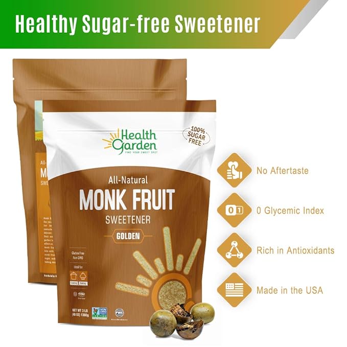 Health Garden Monk Fruit Sweetener, Golden- Non GMO - Gluten Free - 1:1 Sugar Substitute - Kosher - Keto Friendly (4.75 Lb)