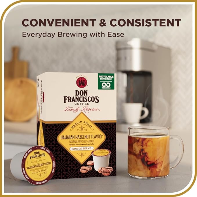 Don Francisco's Hawaiian Hazelnut Flavored Coffee - 100 K-Cup Compatible Single-Serve Pods - 100% Arabica with Coconut Hint - Recyclable through TerraCycle - Compatible with Keurig Brewers