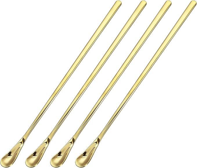uxcell 4Pcs Stainless Steel Mixing Spoon 8.7 Inch Cocktail Stirrer Bar Spoon Drink Stirring Spoon with Long Handle for Bar Cocktail Ice Tea, Gold