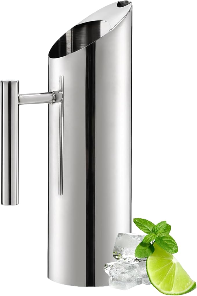 53oz/1.5L Stainless Steel Water Pitcher, Modern Metal Kettle with Ice Guard, Silver Carafe Drink Pitcher with Handle, Straight Bottle Beverage Container for Iced/Hot Tea, Juice, Coffee, Milk