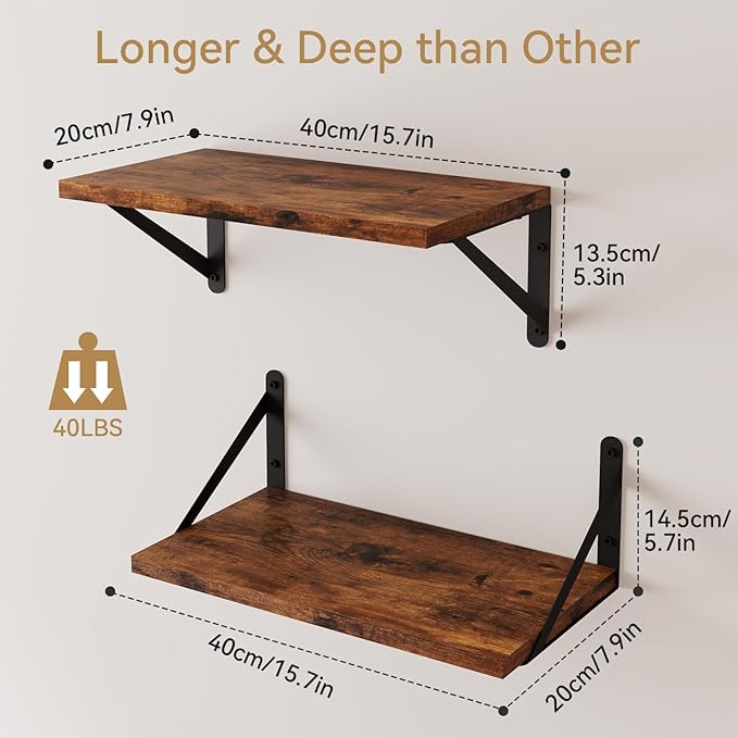 IBUYKE Deep Floating Shelves for Wall,8 Inch Deep Floating Shelves Set of 2,16W x 8D Wood Wall Shelf,Wide Floating Bookshelf for Living Room, Kitchen, Office TFS002H-2