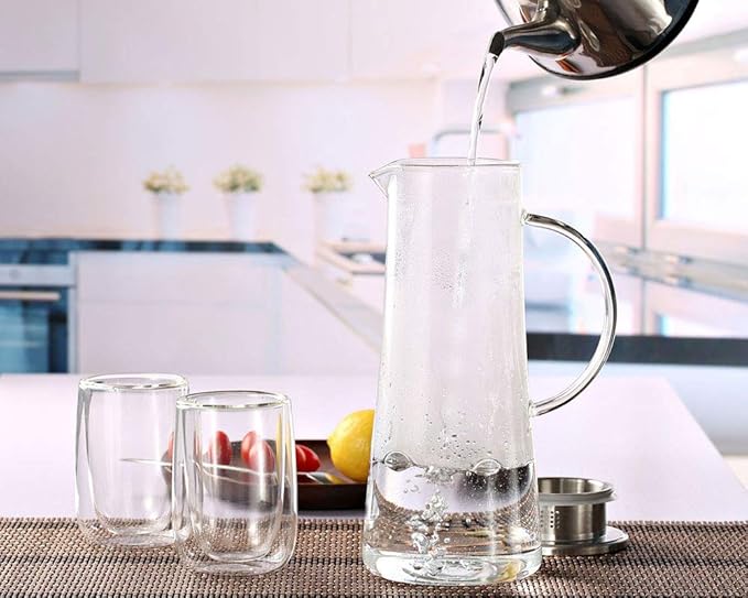 Hwagui - Heat Resistant Glass Pitcher with Stainless Steel Lid, Water Carafe with Handle, Good Beverage Pitcher for Homemade Juice and Iced Tea, 1600ml/53oz