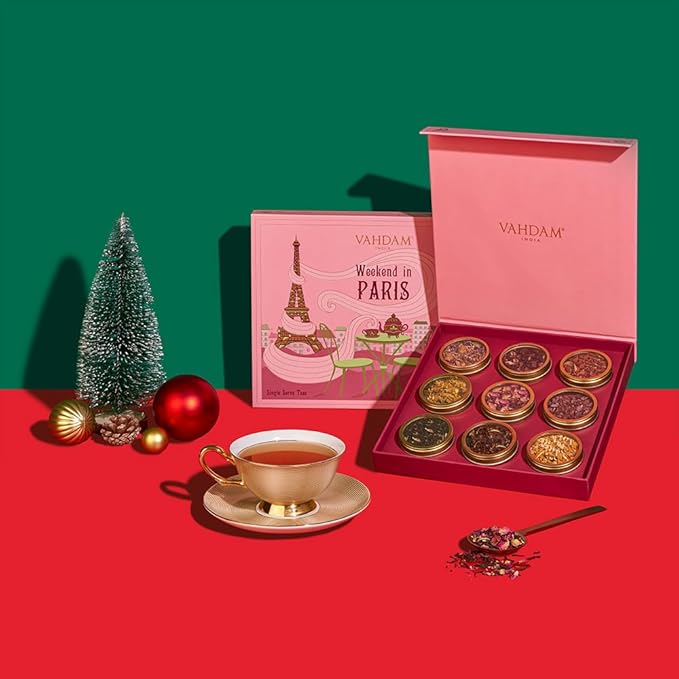 VAHDAM, Weekend in Paris Christmas Tea Gift Set - 9 Loose Teas | Tin Caddy Travel Edition Gift Box | Christmas 2025 Gift Ideas for Women & Men | Gluten Free, Non GMO