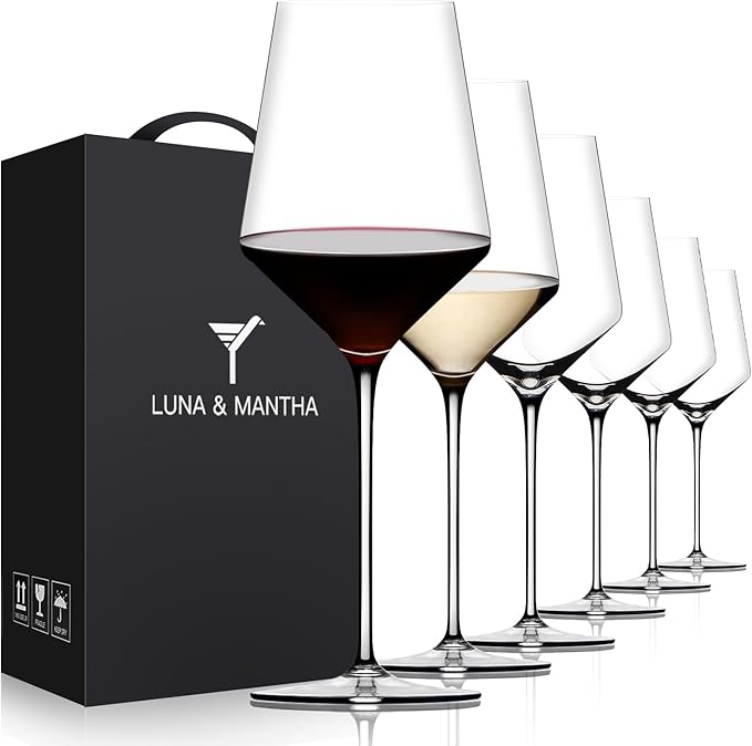 Red Wine Glasses Set of 6, Premium Crystal Wine Glasses Hand Blown, 15 oz,Thin Rim,Long Stem,Perfect for Red or White,Daily Use,Unique Wedding Anniversary or Birthday Gift