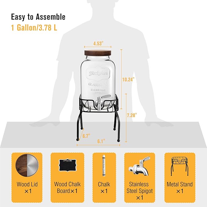 Mustry Glass Drink Dispenser for Parties, 1 Gallon Beverage Dispenser with Stand and Spigot Solid Stainless Steel, Used as Lemonade Dispenser Sun Tea Jar Kombucha Jar