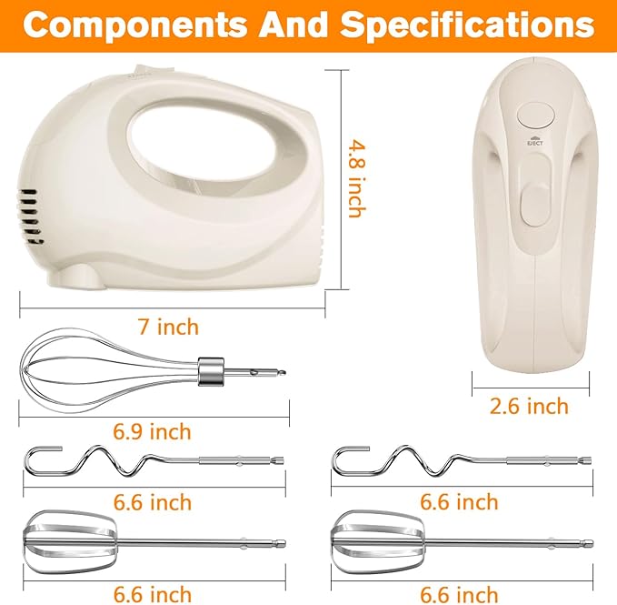 Handmixer Electric Handheld - 5 Speed Portable Kitchen Mixer Electric with 5 Stainless Steel Accessories Whisk, Food Beater for Whipping Mixing Cookies(Ivory)
