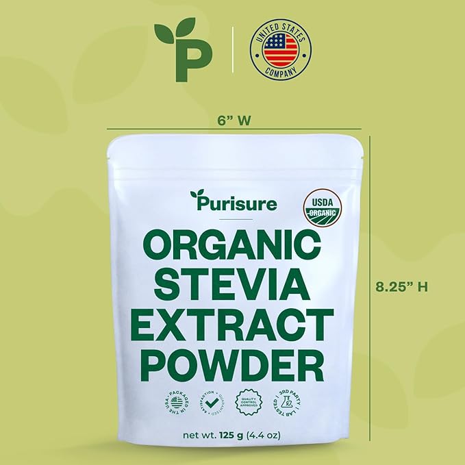 Organic Stevia Concentrated Powder, 125g, Organic Pure Stevia Powder, No Fillers, No Artificial Sweeteners, No Aftertaste, Zero Calorie Sweetener, Sugar Substitute, 4.4 oz, 846 Servings
