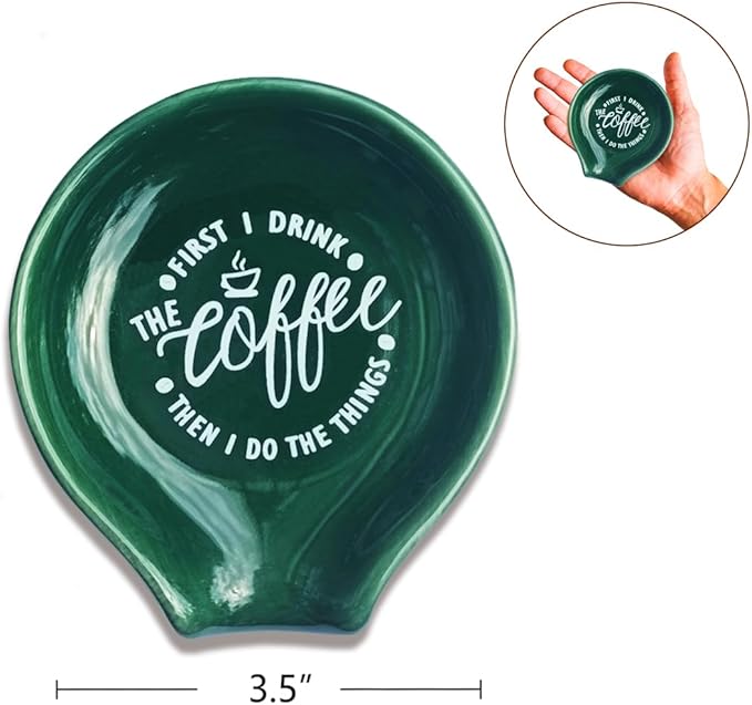 Funny Coffee Quote First I Drink The Coffee Then I Do The Things Ceramic Spoon Holder-Blackish Green Coffee Spoon Rest -Cafe Station Bar Accessories