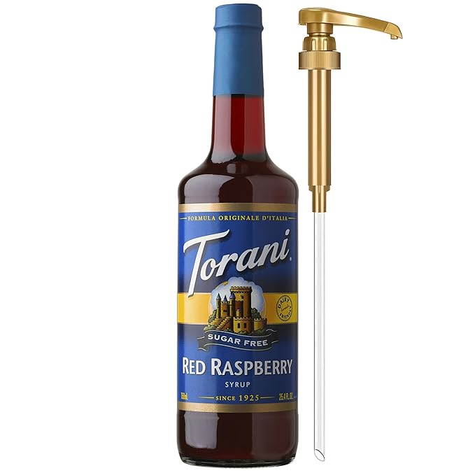 Torani Sugar Free Syrup, Red Raspberry, Dairy Friendly Flavoring for Drinks, Zero Calorie, Glass Bottle with Pump Included, 25.4 Fl Oz