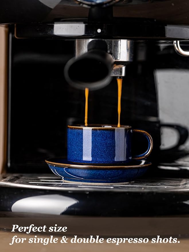Gomakren 2.5 Ounce Espresso Cups Set of 4, Small Stackable Coffee Cups with Saucers and Metal Stand, Christmas Porcelain Demitasse Cups for Specialty Coffee Drinks, Espresso, Cappuccino, Cobalt Blue