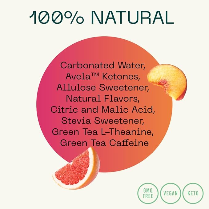 KEY Ketone Drink - Ketones for Energy & Focus, Sugar Free & Low Caffeine from Green Tea with L-Theanine, No Crash or Jitters, All Natural, Lightly Carbonated, Grapefruit Peach (Pack of 12)