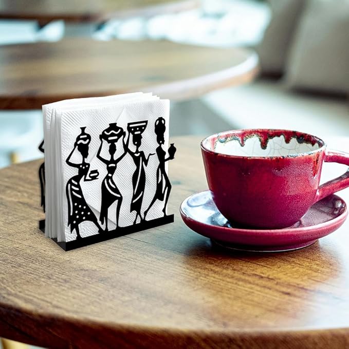African Female Decorative Black Metal Napkin Holder for Table, 5.3" x 4.9" x 1.9" African Women Standing Napkin Holder for Home Kitchen Restaurant Picnic Party Coffee Bar Dining Room