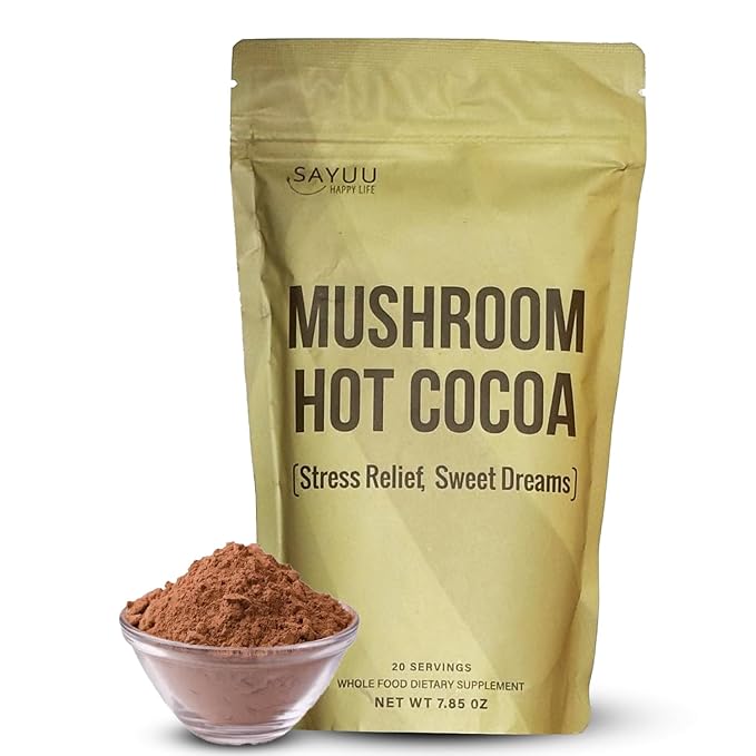 SAYUU Mushroom Coffee Hot Cocoa Mix –Instant Coffee Blend Enriched with Reishi, L-Theanine, Melatonin, Rich Cacao Flavor, Gut & Immune Health Support, Quick & Easy Bedtime Drink - 20 Servings