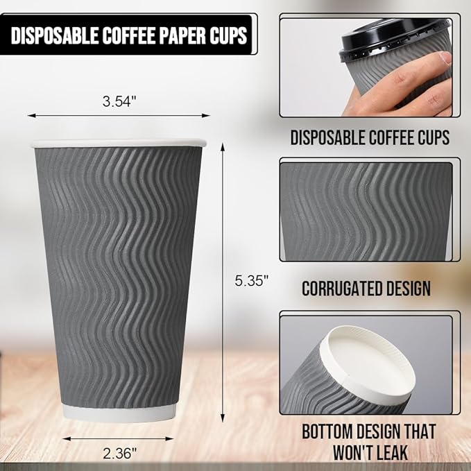 16 oz Coffee Cups with Lid, 100 Pack Disposable Coffee Cups Insulated Ripple Paper Cups for Water, Juice, Coffee (Gray 16 oz)