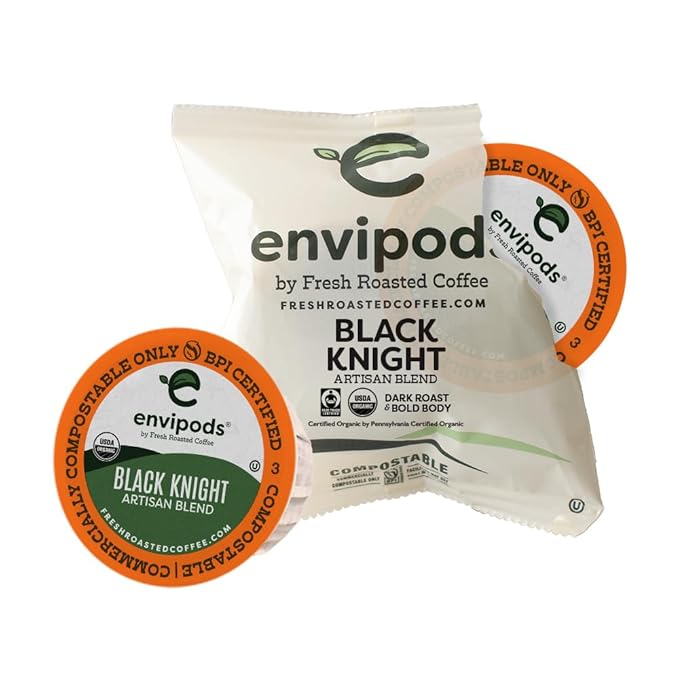 Fresh Roasted Coffee, Organic Black Knight envipods | BPI Compostable, USDA Organic, Kosher | Dark Roast | 36 CT Indiv Wrapped for K Cup Brewers | Not for use in Ninja or Hamilton Beach Brewers