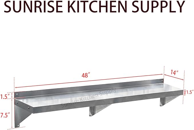 SUNRISE Commercial 430 Stainless Steel Kitchen Wall Shelf, NSF Certificated, Wall Mounted, Solid Shelving for Restaurants, Bars & Hotels (14" x 48")