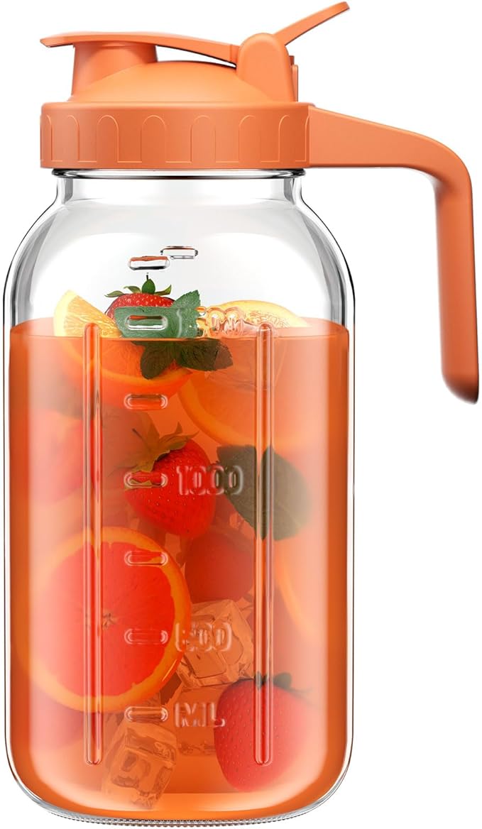 64 oz Glass Pitcher with Lid, Large Wide Mouth Mason Jar with Pour Spout, Orange Sun Tea Glass Jar for Outside, Lemonade Pitcher Great for Drink, Cold Beverages and Breast Milk
