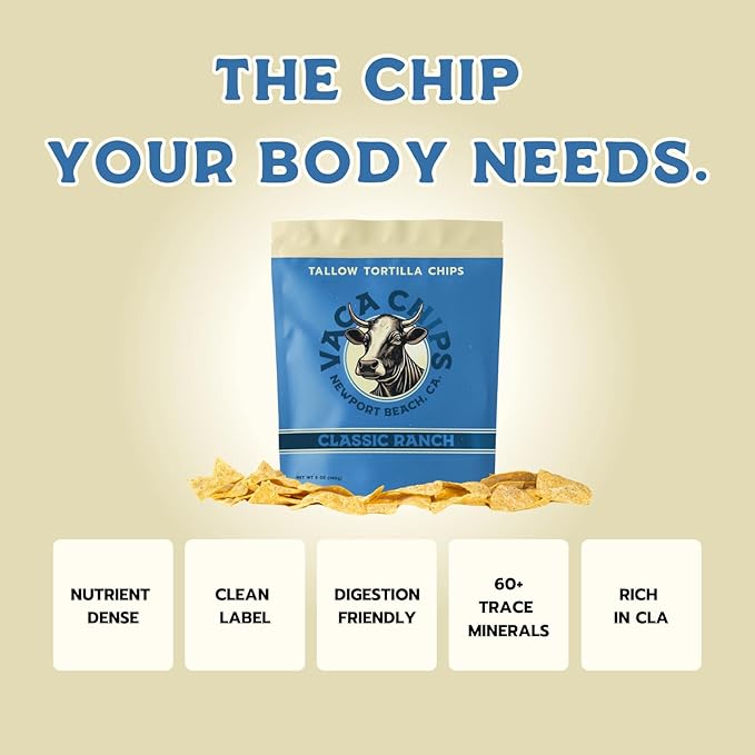 Vaca Chips – Beef Tallow Tortilla Chips, Classic Ranch Flavor – 3 Pack of 5 oz Bags – Seed Oil Free Snack Made with Organic Corn & Clean Ingredients – Gluten Free, No Preservatives, Cooked in Beef Tallow