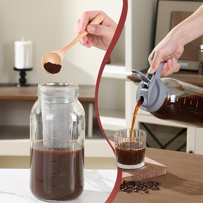 Glass Tea Pitcher with Airtight Lid Leak Proof Mason Jar with Stainless Steel Filter Glass Empty Jar for Water, Tea and Juice (Gray)
