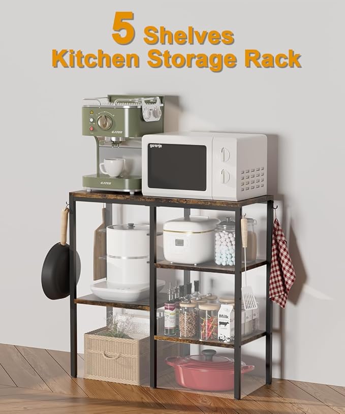 Artibear 4-Tier Kitchen Microwave Oven Stand, Adjustable Coffee Bar Station for Small Appliance, Baker's Rack with 4 Hooks & 5 Storage Shelves, Utility Rack for Kitchen, Living Room, Office, Black
