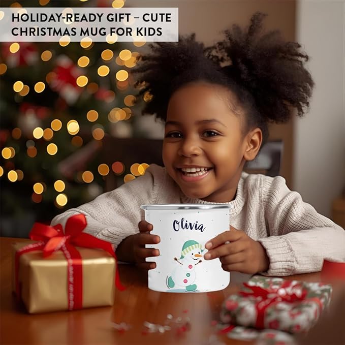 Andaz Press Personalized Name 11oz. Kids Christmas Hot Chocolate Stainless Steel Campfire Coffee Mug, Charming Snowman Aqua Ice Skates, 1-Pack, Custom Birthday Xmas Cup Kids Hot Chocolate Mug